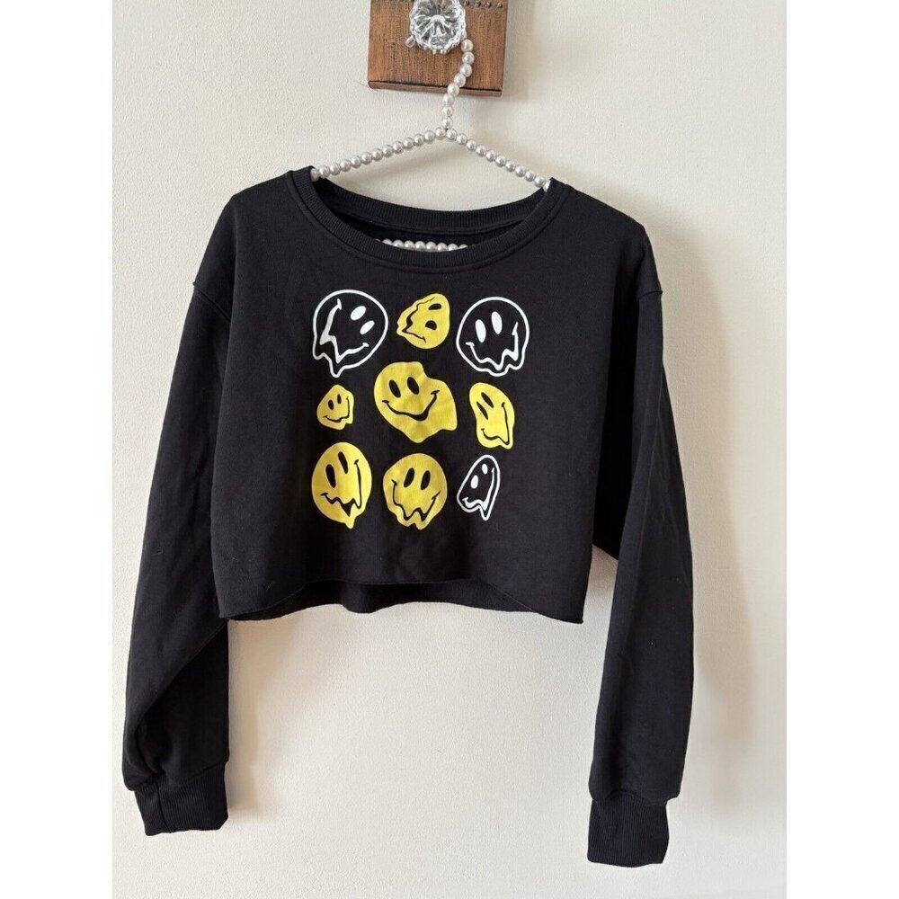 NWT Refuge Athletics Size Medium Black Cropped Sweatshirt Smile Faces